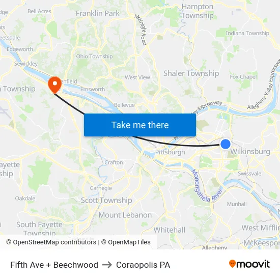 Fifth Ave + Beechwood to Coraopolis PA map