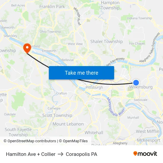 Hamilton Ave + Collier to Coraopolis PA map