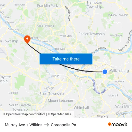 Murray Ave + Wilkins to Coraopolis PA map