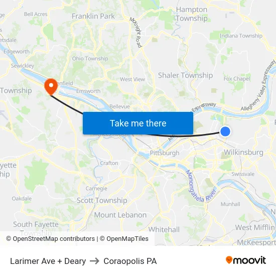 Larimer Ave + Deary to Coraopolis PA map