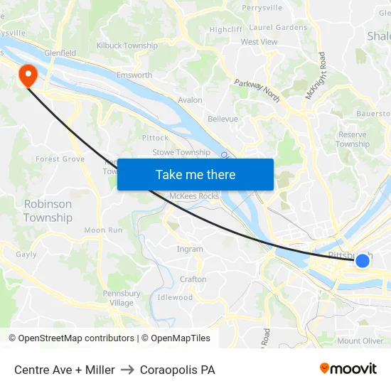 Centre Ave + Miller to Coraopolis PA map