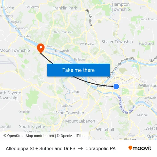 Allequippa St + Sutherland Dr FS to Coraopolis PA map