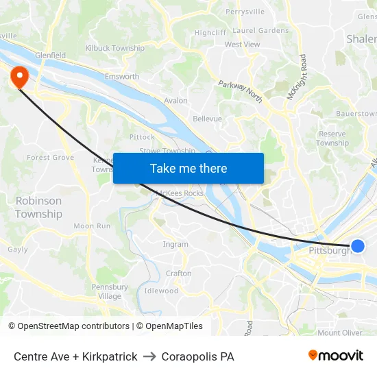 Centre Ave + Kirkpatrick to Coraopolis PA map