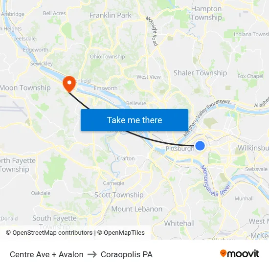 Centre Ave + Avalon to Coraopolis PA map