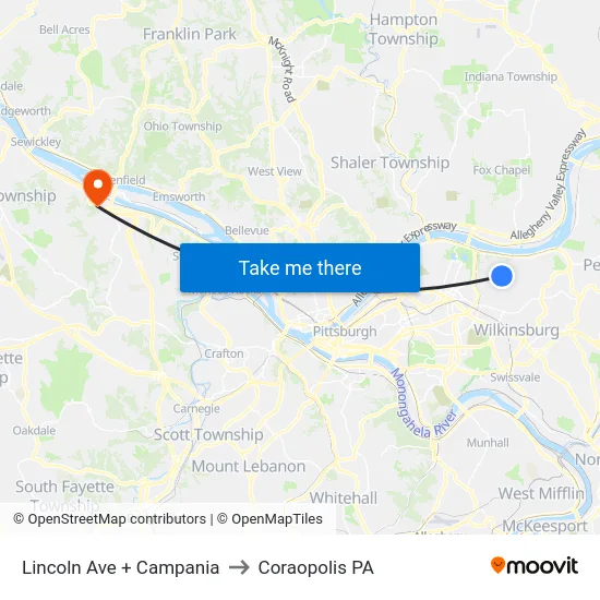 Lincoln Ave + Campania to Coraopolis PA map