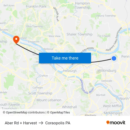 Aber Rd + Harvest to Coraopolis PA map