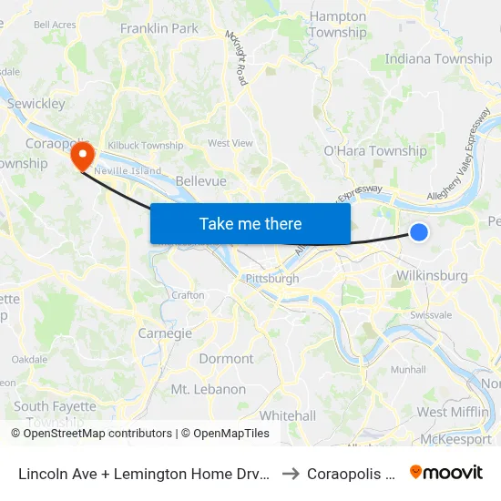Lincoln Ave + Lemington Home Drvwy to Coraopolis PA map