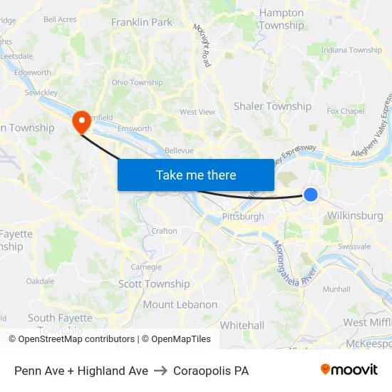 Penn Ave + Highland Ave to Coraopolis PA map