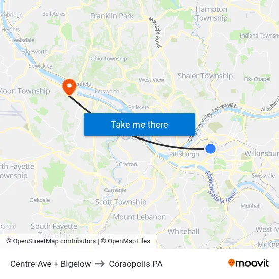 Centre Ave + Bigelow to Coraopolis PA map