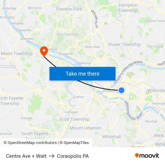 Centre Ave + Watt to Coraopolis PA map