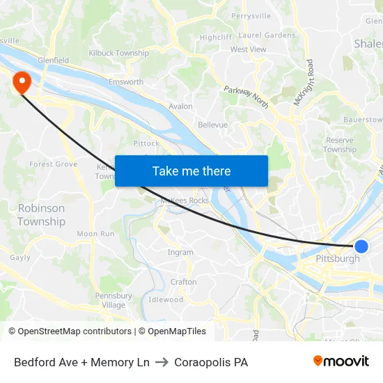 Bedford Ave + Memory Ln to Coraopolis PA map