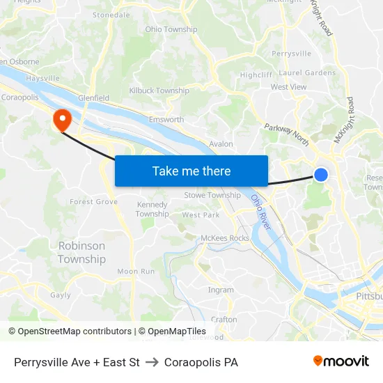 Perrysville Ave + East St to Coraopolis PA map