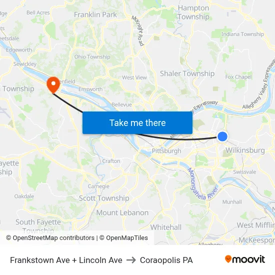 Frankstown Ave + Lincoln Ave to Coraopolis PA map