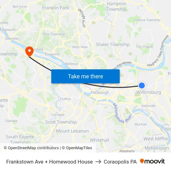 Frankstown Ave + Homewood House to Coraopolis PA map