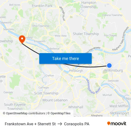 Frankstown Ave + Sterrett St to Coraopolis PA map