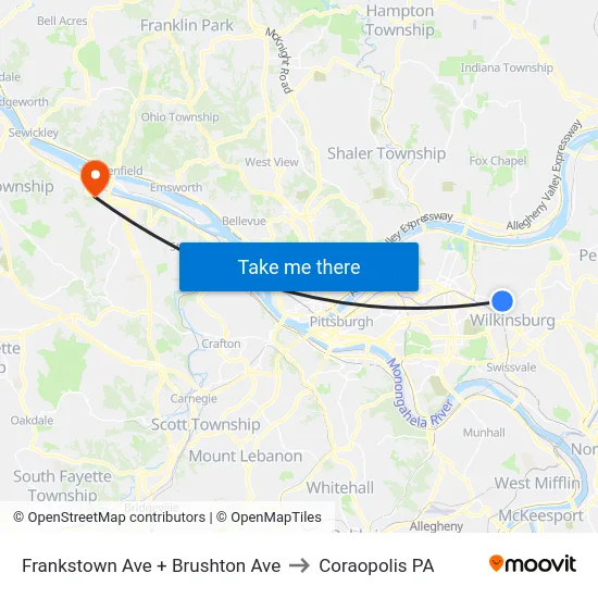 Frankstown Ave + Brushton Ave to Coraopolis PA map