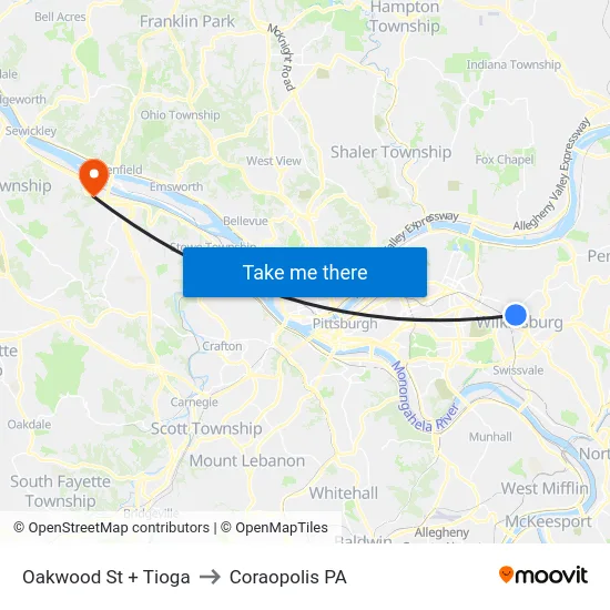 Oakwood St + Tioga to Coraopolis PA map