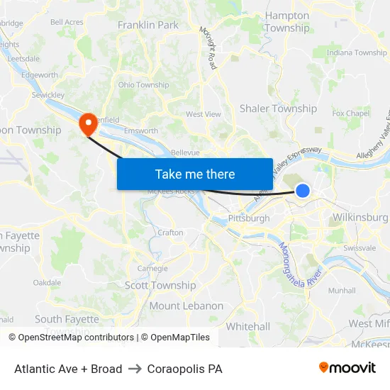 Atlantic Ave + Broad to Coraopolis PA map