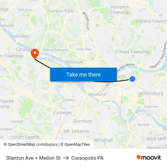 Stanton Ave + Mellon St to Coraopolis PA map