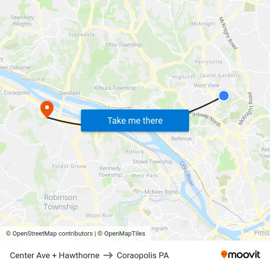 Center Ave + Hawthorne to Coraopolis PA map