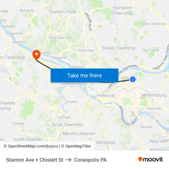 Stanton Ave + Chislett St to Coraopolis PA map
