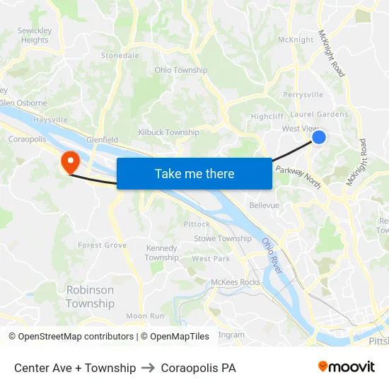 Center Ave + Township to Coraopolis PA map