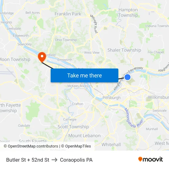Butler St + 52nd St to Coraopolis PA map