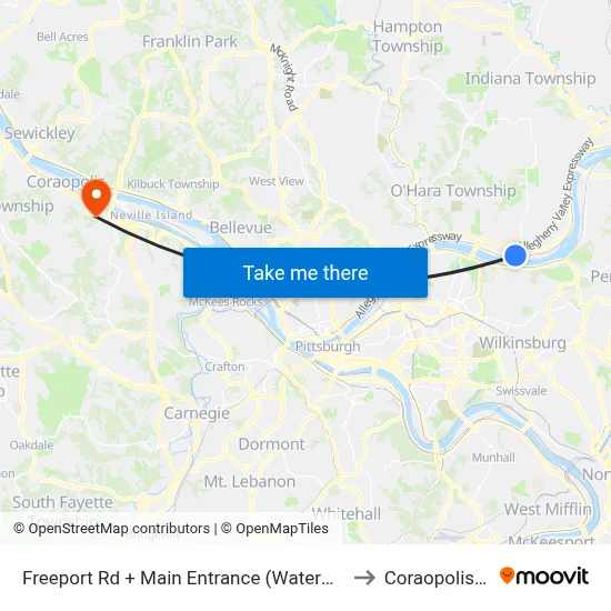 Freeport Rd + Main Entrance (Waterworks) to Coraopolis PA map