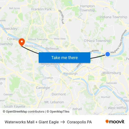 Waterworks Mall + Giant Eagle to Coraopolis PA map