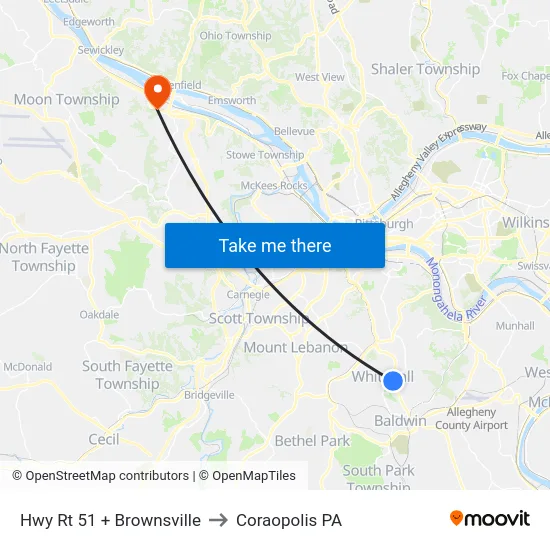 Hwy Rt 51 + Brownsville to Coraopolis PA map