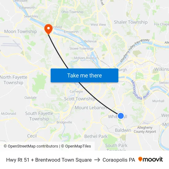 Hwy Rt 51 + Brentwood Town Square to Coraopolis PA map