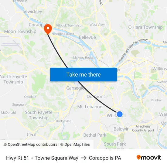 Hwy Rt 51 + Towne Square Way to Coraopolis PA map