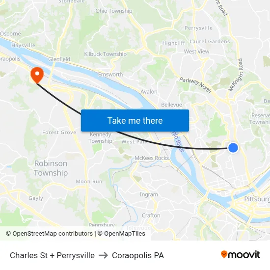 Charles St + Perrysville to Coraopolis PA map
