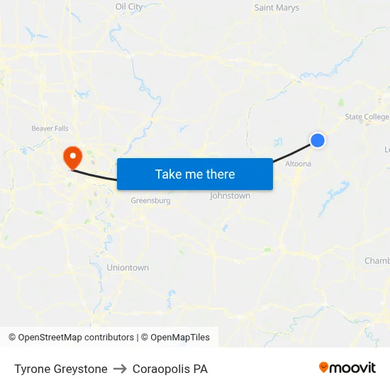 Tyrone Greystone to Coraopolis PA map