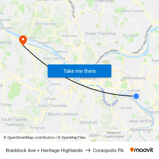 Braddock Ave + Heritage Highlands to Coraopolis PA map