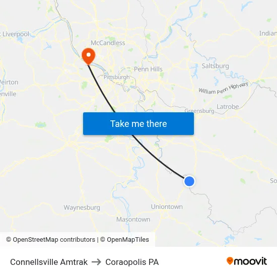 Connellsville Amtrak to Coraopolis PA map