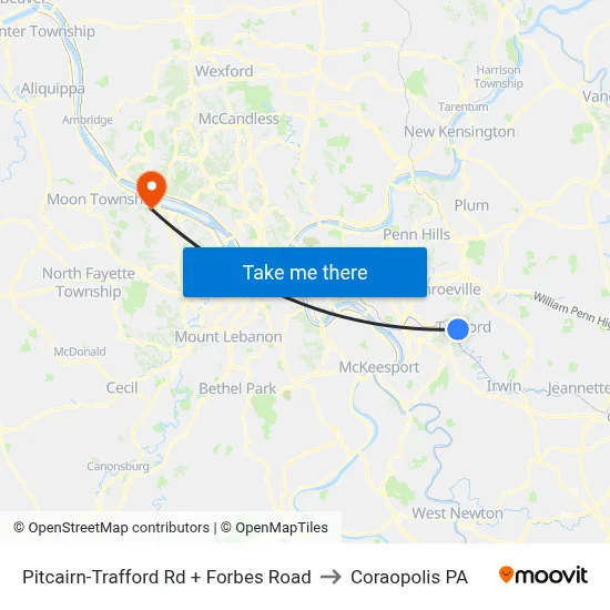 Pitcairn-Trafford Rd + Forbes Road to Coraopolis PA map