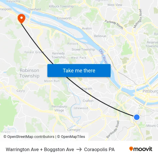 Warrington Ave + Boggston Ave to Coraopolis PA map