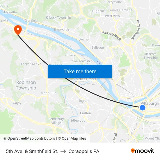 5th Ave. & Smithfield St. to Coraopolis PA map