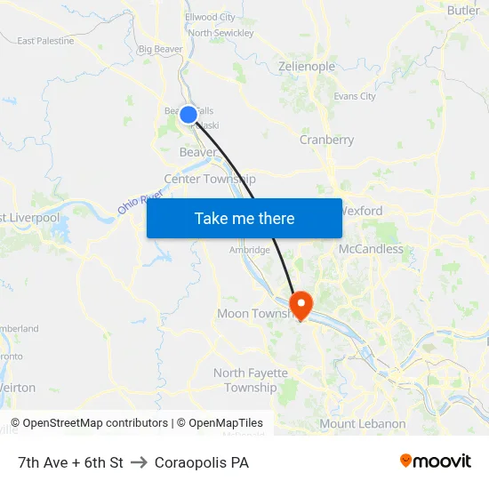 7th Ave + 6th St to Coraopolis PA map