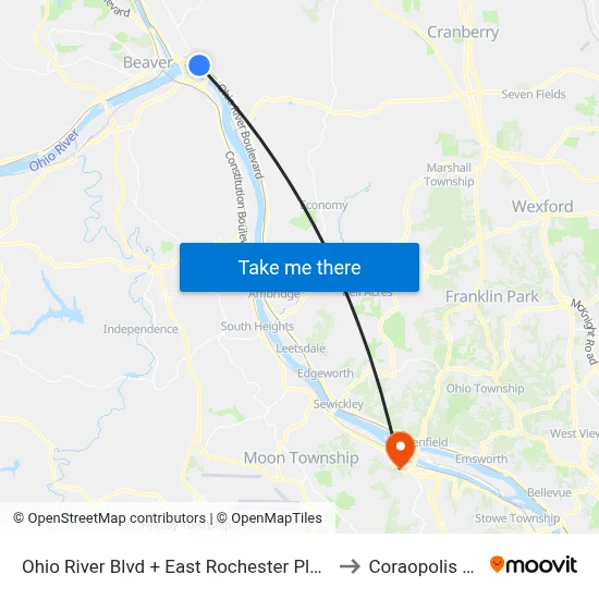 Ohio River Blvd + East Rochester Plaza to Coraopolis PA map