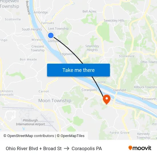 Ohio River Blvd + Broad St to Coraopolis PA map