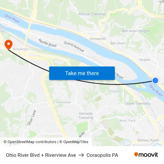 Ohio River Blvd + Riverview Ave to Coraopolis PA map