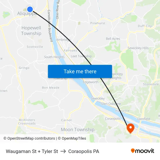 Waugaman St + Tyler St to Coraopolis PA map