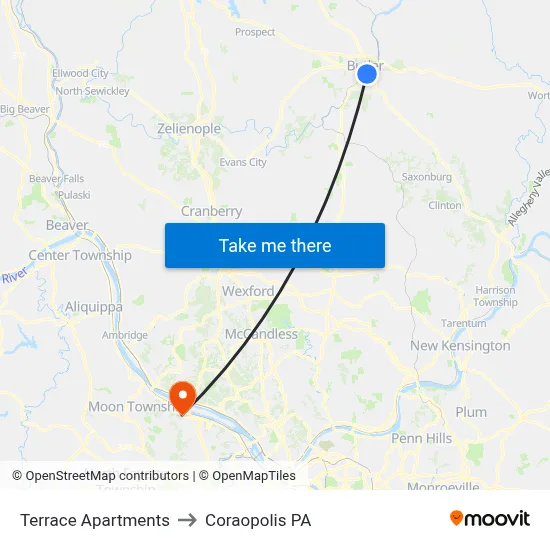Terrace Apartments to Coraopolis PA map