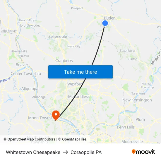 Whitestown Chesapeake to Coraopolis PA map