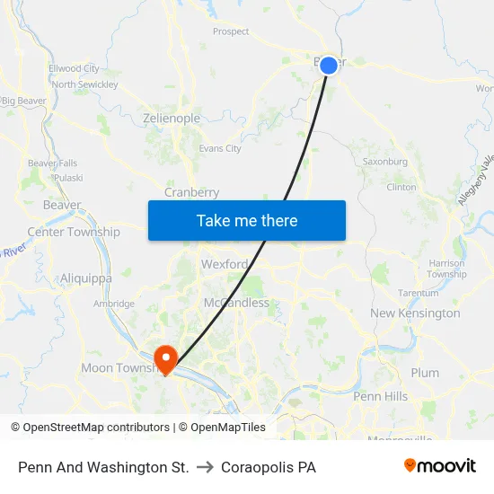 Penn And Washington St. to Coraopolis PA map