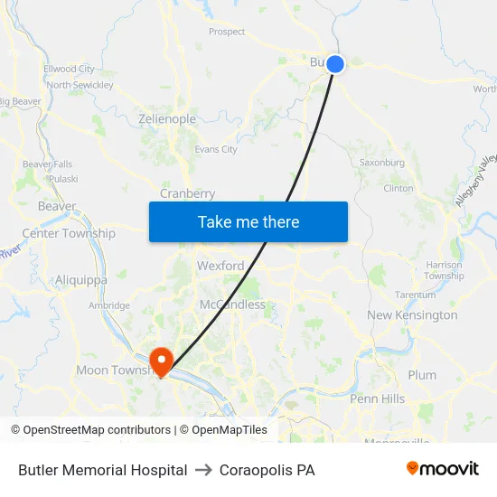 Butler Memorial Hospital to Coraopolis PA map