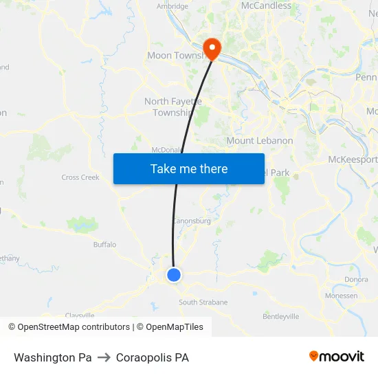 Washington Pa to Coraopolis PA map