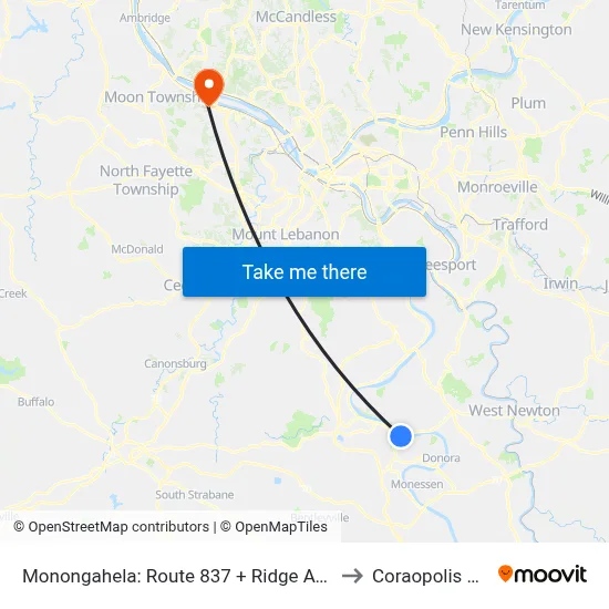 Monongahela: Route 837 + Ridge Ave to Coraopolis PA map